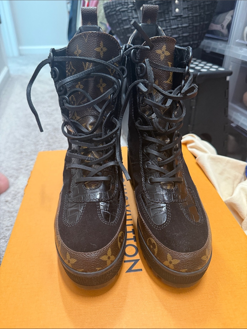 Louis Vuitton Black & Brown Monogram Lace-Up Combat Boots